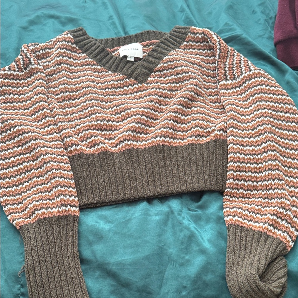 Pink Rose Brown and Orange V-Neck Sweater